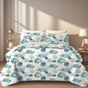 2/3-Piece Coral Shell Printed Quilt Set, Cal King, Durable, Breathable, and Unique Summer Bedding Set, 1 Quilt, 1/2 Pillowcase